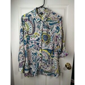 Talbots Woman L Shirt/ Tunic Roll Tab LS Collared Button Paisley Retro Boho Work
